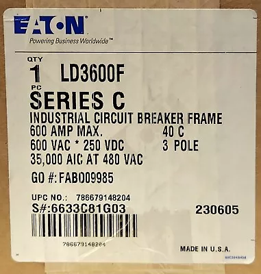 SEALED EATON CUTLER HAMMER LD3600F 3 Pole 600 AMP Type LD Circuit Breaker Frame • $2800