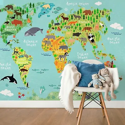 World Map Animals Wallpaper Mural Childrens Bedroom Interior Decor 12.6x8.5 FT • $70.19