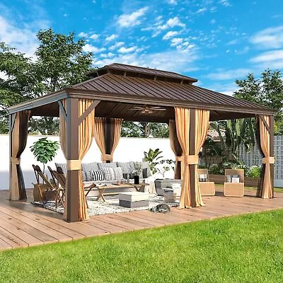 Gazebo Hardtop Double Roof Aluminum Outdoor Canopy Shelter With Netting Curtain • $1899.99