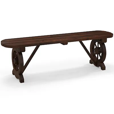 2-Seat Garden Curved Bench Carbonized Wood Dining Bench W/ Wagon Wheel Base • £54.95