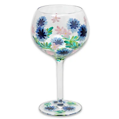 Hand Painted Gin Glass Cornflower Balloon Copa Cocktail Tonic Floral Drinkware • £11.40