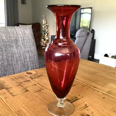 Beautiful Vintage Cranberry Hand Blown Glass Vase Signed France Qv ~ 11” Tall • $65