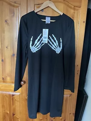 £4.99 • Buy Skeleton Hands Halloween Mini Dress Size 16/18 Black Stretch Fabric BNWT