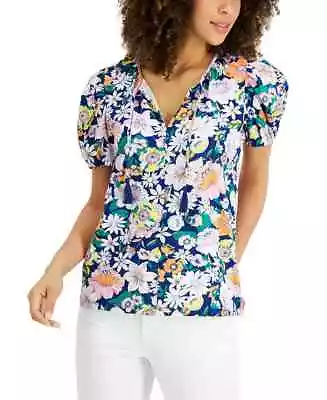 Style & Co (J23-25*) Plus Cotton-Blend Mixed Media Top Blue Floral Sz 3X $49.50 • $14.99