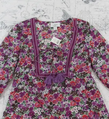 NEW Ann Taylor Loft Petites Womens Tie Neck Boho Peasant Top Purple Floral  SP • £13.72