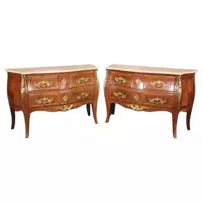 Antique Pair Of Louis XV Rococo Style French Inlaid Marble Top Commodes Chest • $5715