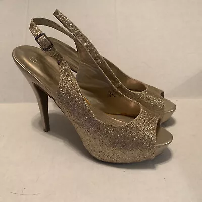 Michaelangelo Vice 4 Gold Glitter Open Toe Platform High Heel Shoes Size 10M • $20