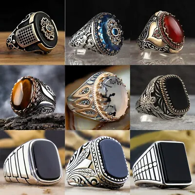 Handmade Turkish Ring For Men Vintage Double Swords Black Zircon Rings Punk 2022 • $5.56