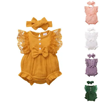 £7.99 • Buy 2Pcs Newborn Baby Girl Clothes Ruffle Sleeve Romper Jumpsuit Headband Set Outfit