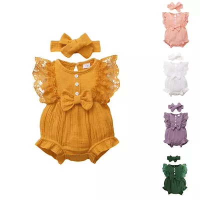 2Pcs Newborn Baby Girl Clothes Ruffle Sleeve Romper Jumpsuit Headband Set Outfit • £7.59