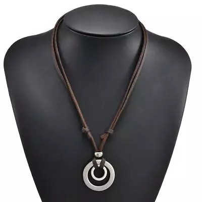 Men Women Double Ring Adjustable Leather Cord Necklace Pendant Jewelry  US • $2.24