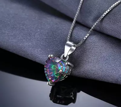 Love Heart Rainbow Mystic Fire Topaz Gem Vintage Silver Heart Necklace Pendant • $29.99