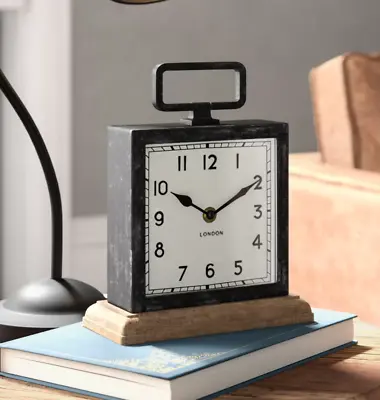 Metal Clock Wooden Base Home Decor Black Square Living Room Office Kitchen Time • £14.99