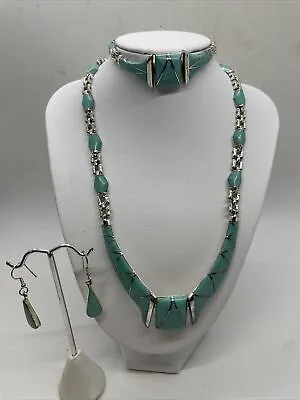 Vintage Mexico 925 Sterling Turquoise Drop Earrings Necklace & Bracelet Set • $199.99