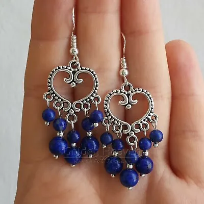 Blue Lapis Lazuli Chandelier Earrings Tibetan Silver 925 Sterling Hook Handmade  • $9.73
