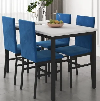 5 Piece Kitchen Dining Room Faux Marble Table PU Leather Padded Chairs Set Of 4 • $299