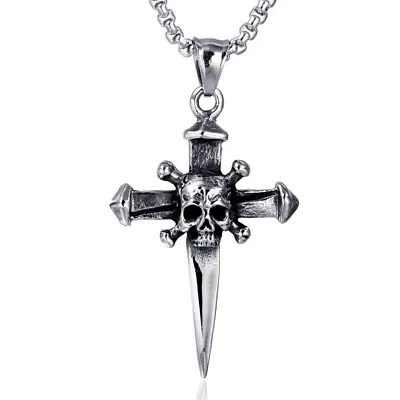 Mens Stainless Steel Gothic Biker Skull Cross Pendant Necklace For Men • $1.52