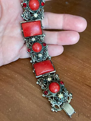 Vintage Unsigned SELRO SELINI Chunky Red Rhinestone Lucite Ornate Bracelet • $12.50