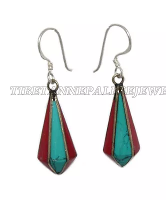 Turquoise Earring Tribal Earring Nepal Earring Tibetan Earring Silver Earring • $13.99