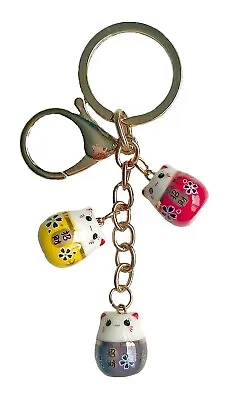 Triple Ceramic Maneki Neko - Lucky Cat Keychain Bag Charm Dangle • $15.95