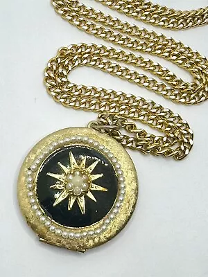 Vtg 60s Gold Tone Faux Pearl Starburst Compass Celestial Locket Necklace Pendant • $25