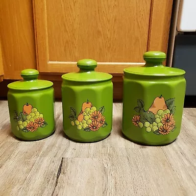 Vintage 1970s Kromex Fruit Daisy Flower Tin Metal Canister Avocado Green Set 3 • $12.99