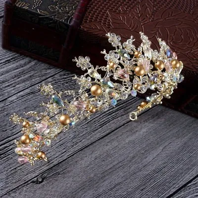 £37.92 • Buy Stunning Gold Crown/tiara With Clear Crystals & Bronze Pearls, Bridal Or Racing