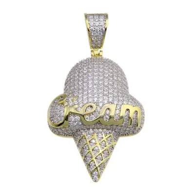 Sterling Silver Ice Cream Hip Hop Two Tone Pendant W/ Micro Pave CZ Stones • $44.99