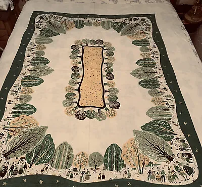 $59 • Buy Vintage Linen Tablecloth Printed Rectangle Colorful Trees, People, RARE