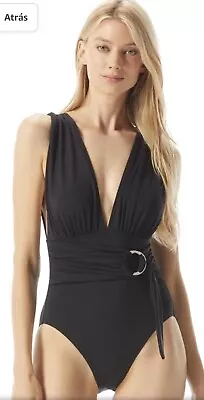 Michael Kors Black Plunging Neck Belted Silver Hardware Sz 4 Swimsuit WOMENS NWT • $69.74