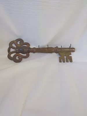 VTG Brass Wall Hanging Key Holder Rack In Shape Of A Giant Ornate Skeleton Key  • $17.99