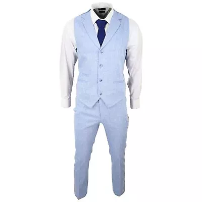 Mens Summer Suit Waistcoat Trousers Linen Smart Formal Baby Blue Wedding • £69.99