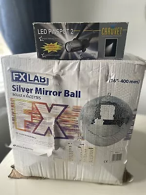 FX Lab Silver 40cm  16” Mirror Ball With Motor And Chauvet Pinspot SpotLight • £90