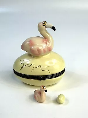 Porcelain Hinged Trinket Box Flamingo On Egg With Baby And Mini Egg • $16.09