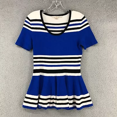 Boston Proper Women Fit And Flare Short Sleeve Top Small Blue Ivory Striped Knit • $13.19