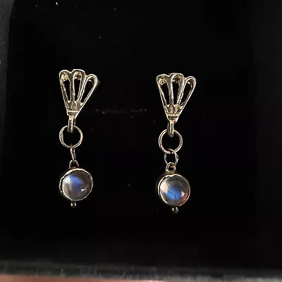 14k Antique Earrings Drop Post Back Moonstone Boho Gypsy Studs Vintage Estate • $275