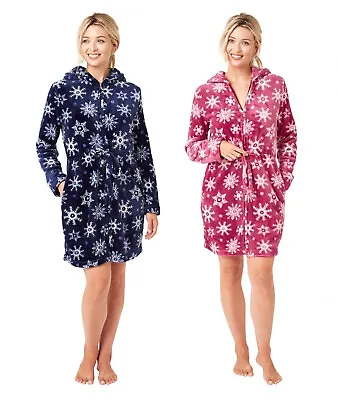 Ladies Soft Feel Snowflake Zip Front Fleece Dressing Gown Housecoat Robe • £24.99