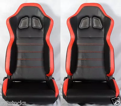 New 2 Black & Red Pvc Leather Racing Seats + Slider Reclinable All Ford Mustang • $296.66