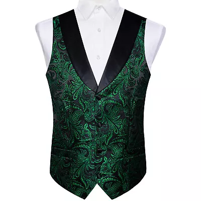 Mens Black Paisley Waistcoat Silk Formal Vest Necktie Bowtie Hanky Cufflinks Set • $24.99