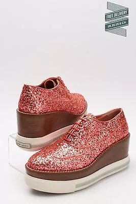 RRP€720 MIU MIU Oxford Shoes US7 UK4 EU37 Pink Glitter Logo Wedge Heel Platform • £179.99