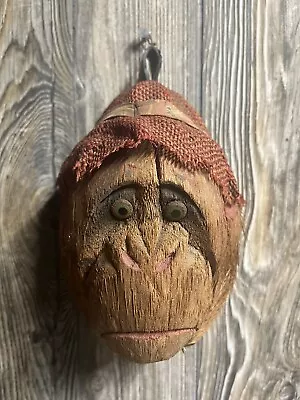 Vintage Hand Carved Coconut Gorilla Head W/Hat Monkey Face Folk Art Wall Hanging • $19.99