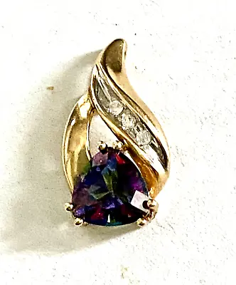 Mystic Topaz Pendant 10k Gold W/ Channel Diamonds ~Purple Green Trillion Topaz • $158