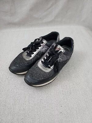 Michael Kors Fashion Sneakers Womens Size 9 M Black Sliver Sparkle Lace Up • $28.99