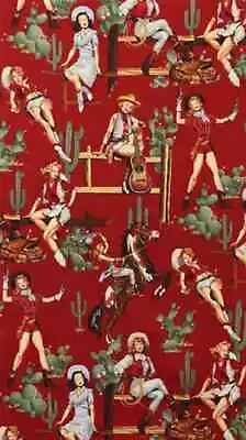 Alexander Henry Fabric Vintage Pin Up Cowgirls- FROM THE HIP Red- BTY- Western • $14.99