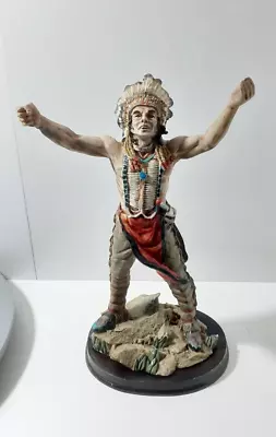 Native American Indian Chief Hand-Painted Resin Statue Wood Base  Give Us Peace  • £30.63
