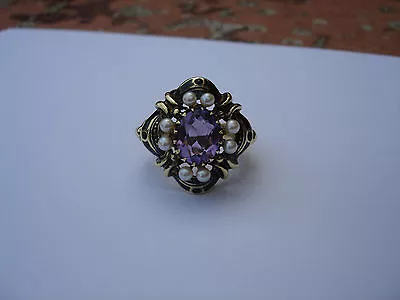 Vintage 14k Yellow Gold Black Enamel Seed Pearl Amethyst Mourning Ring Size 6.25 • $524.99