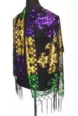 Mardi Gras Fleur De Lis Sequined Shawl Purple Green Gold Fringe SCARF MASQUERADE • $35.99