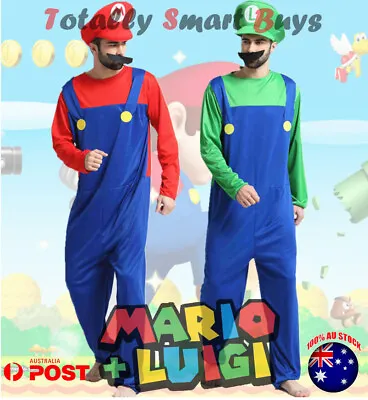 Adult Super Mario Luigi Fancy Dress Up Party Halloween Costume + Hat + Beard • $24.95
