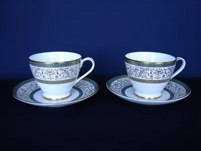 Set Of 2 Minton ARAGON Cups & Saucers Green W/Gold Dots & Filigree • $14.95