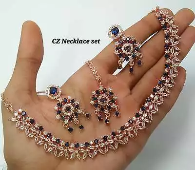 Indian Bollywood Silver Plated Set Earrings AD Bridal Jewelry Ethnic Necklace • $28.99